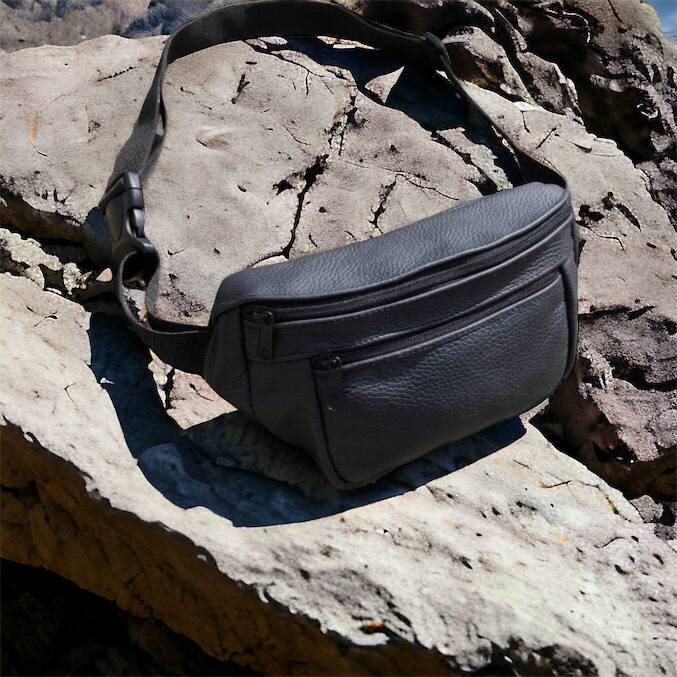 Кожаная качественная бананка мужская - женская сумка, черная сумка из кожи