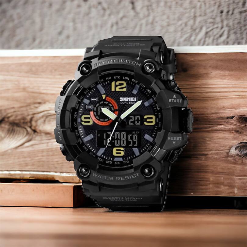 Часы наручные мужские SKMEI 1520BK BLACK, армейские часы противоударные. Цвет: черный