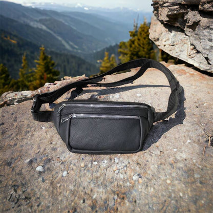 Бананка из натуральной кожи, сумка мужская-женская барсетка черная c серебряным замком