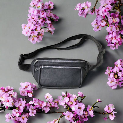 Бананка из натуральной кожи, сумка мужская-женская барсетка черная c серебряным замком