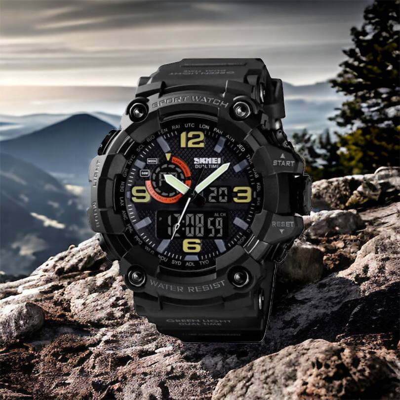 Часы наручные мужские SKMEI 1520BK BLACK, армейские часы противоударные. Цвет: черный