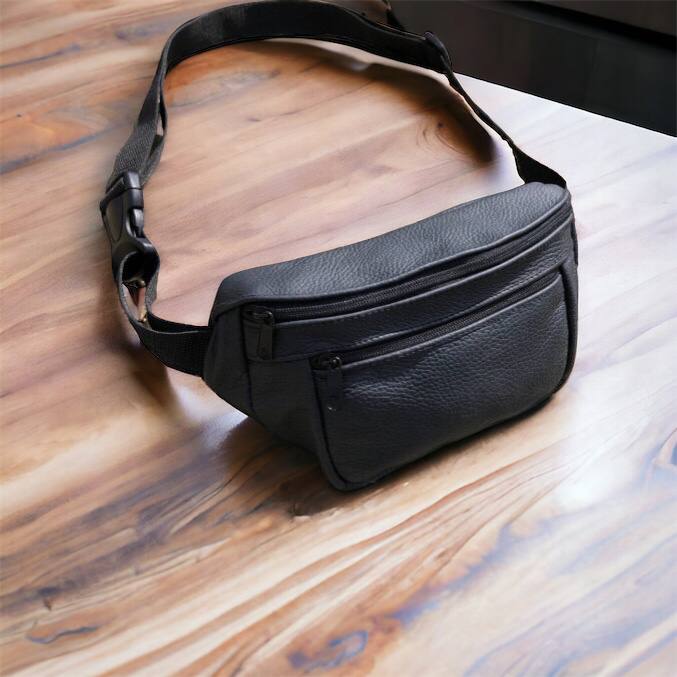 Кожаная качественная бананка мужская - женская сумка, черная сумка из кожи