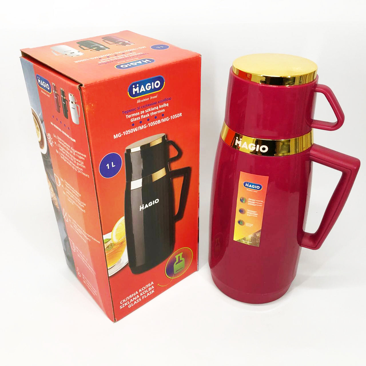 Термос Magio MG-1050R со стеклянной колбой, Термос для питьевой воды, Термос из нержавейки. Цвет: красный
