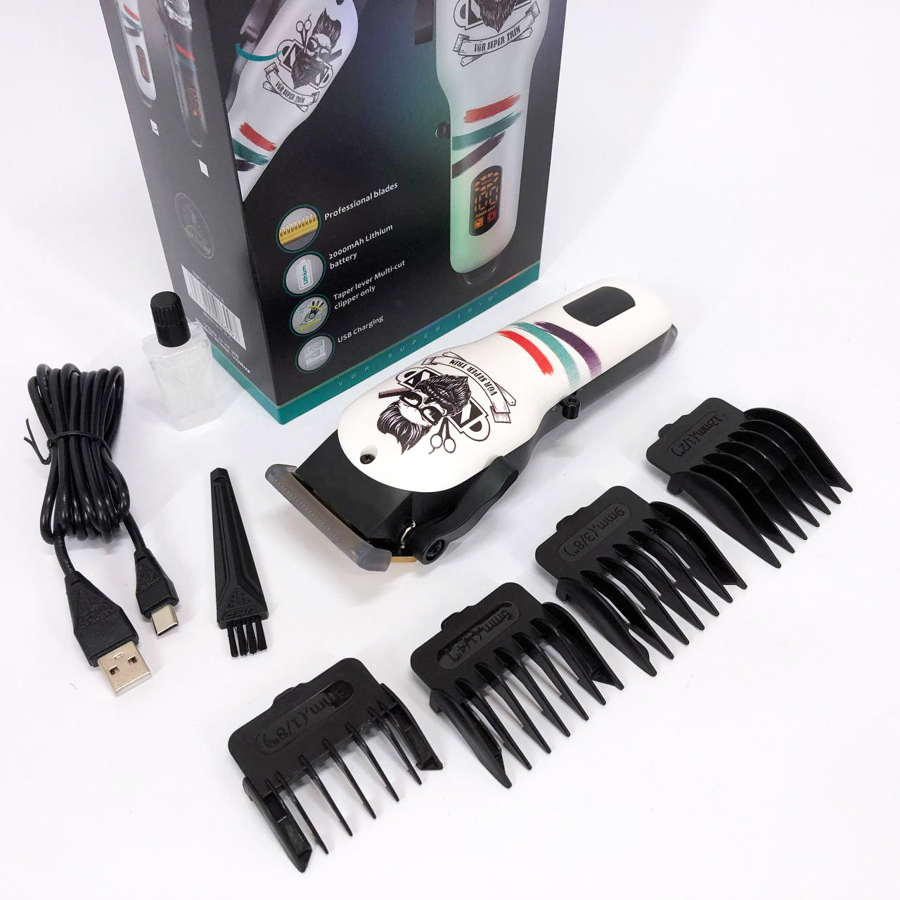 Машинка для стрижки волос и бороды профессиональная VGR V-699 B с насадками и LED дисплеем. Цвет: белый