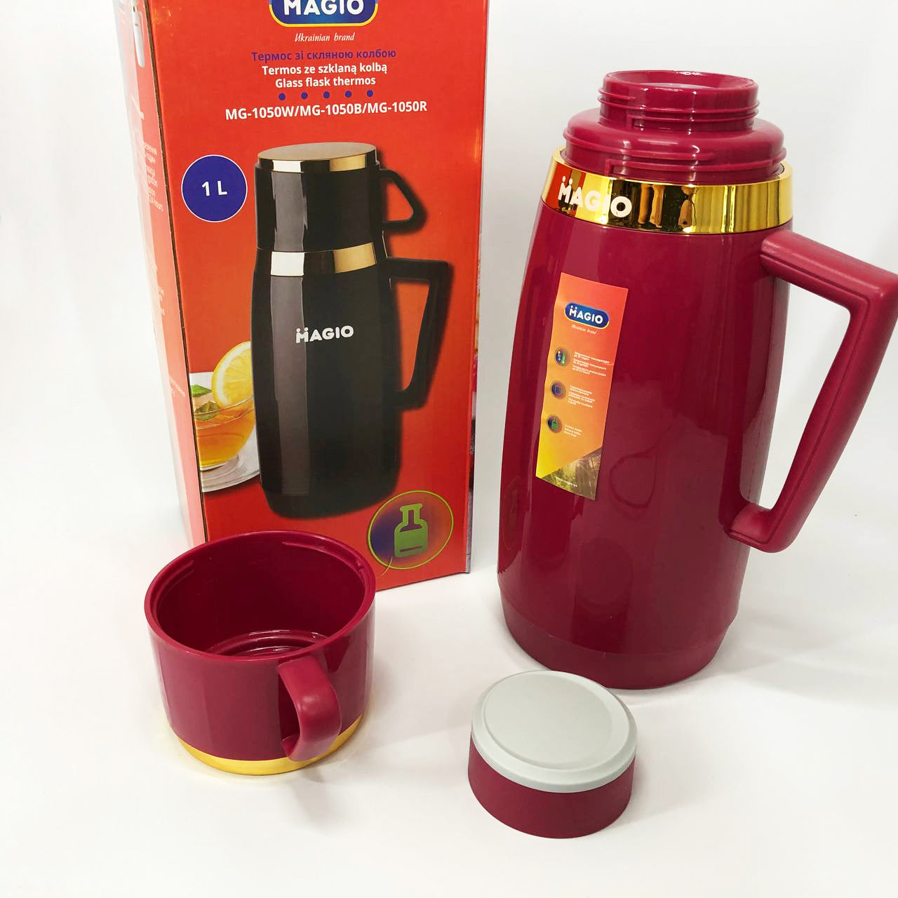 Термос Magio MG-1050R со стеклянной колбой, Термос для питьевой воды, Термос из нержавейки. Цвет: красный