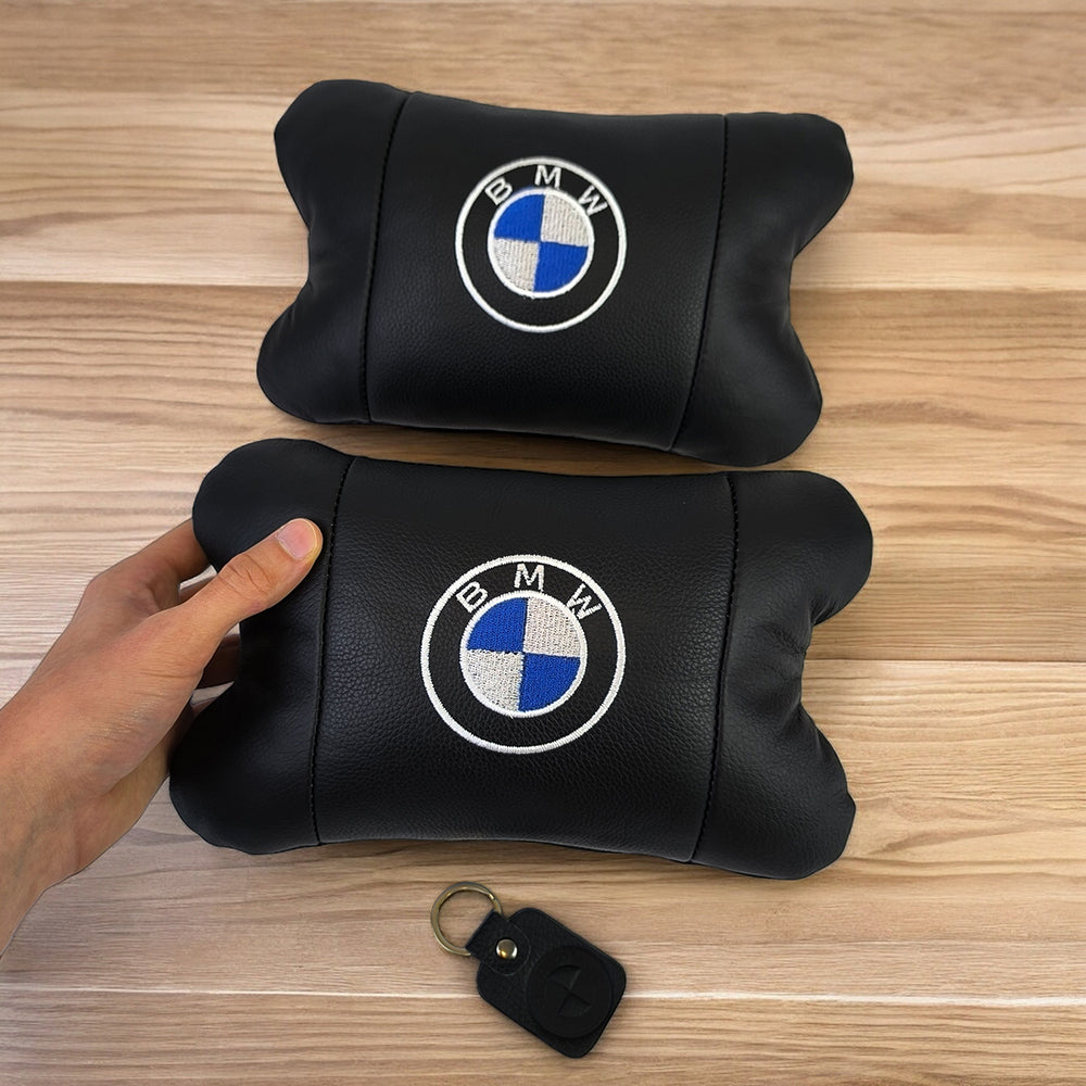 Авто подушки 2 шт — набор BMW из натуральной кожи, на подголовник в машину, Автомобильная подушка БМВ
