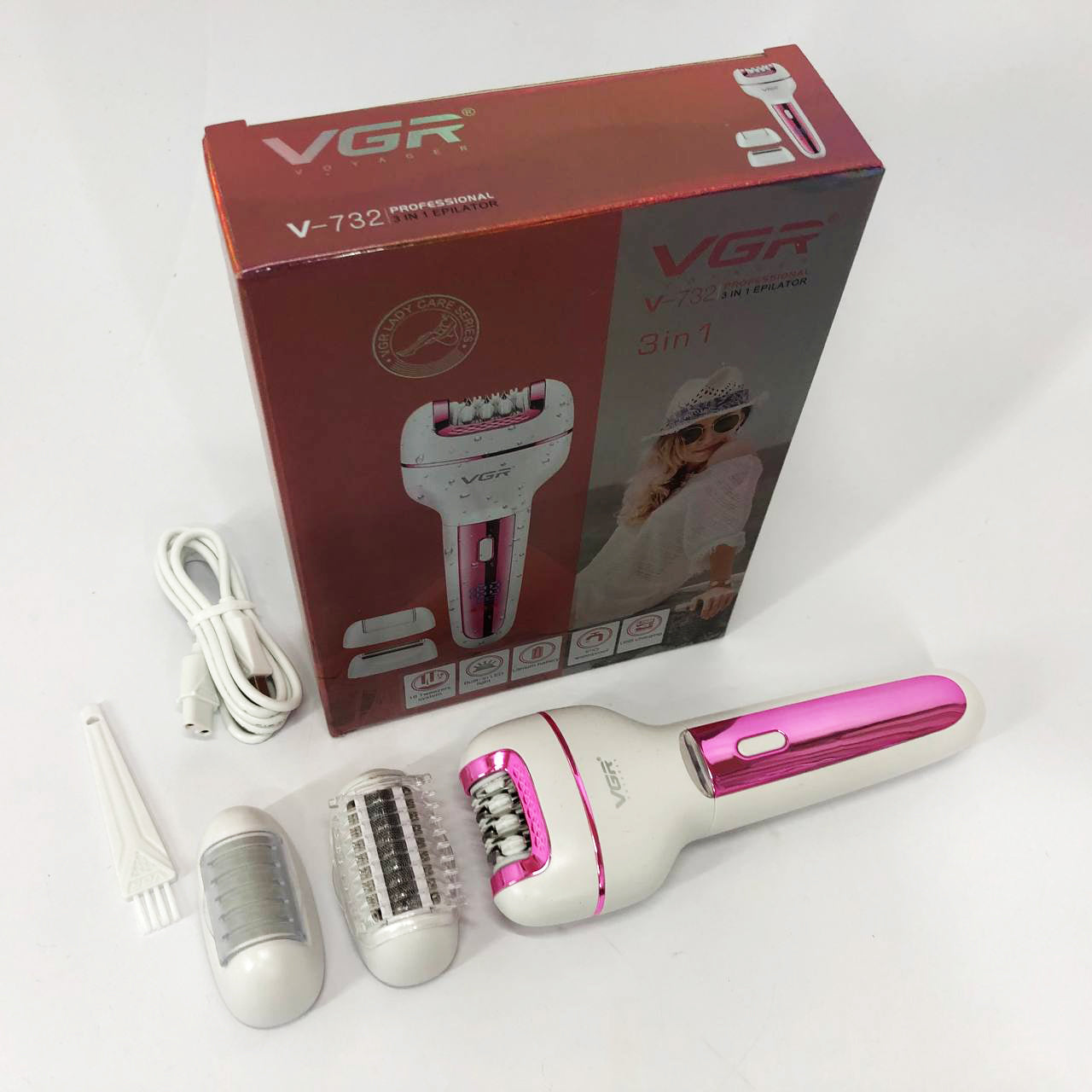 Женский беспроводной эпилятор 3в1 VGR V-732 для ног и зоны бикини с подсветкой и дисплеем. Цвет: розовый