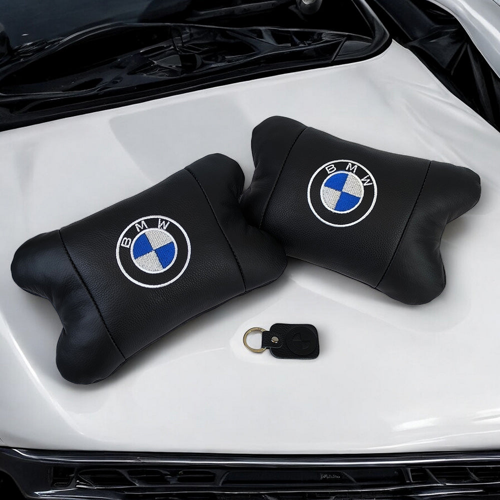 Авто подушки 2 шт — набор BMW из натуральной кожи, на подголовник в машину, Автомобильная подушка БМВ