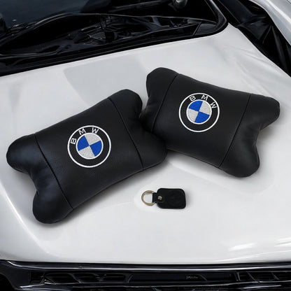 Авто подушки 2 шт — набор BMW из натуральной кожи, на подголовник в машину, Автомобильная подушка БМВ