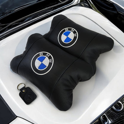 Авто подушки 2 шт — набор BMW из натуральной кожи, на подголовник в машину, Автомобильная подушка БМВ
