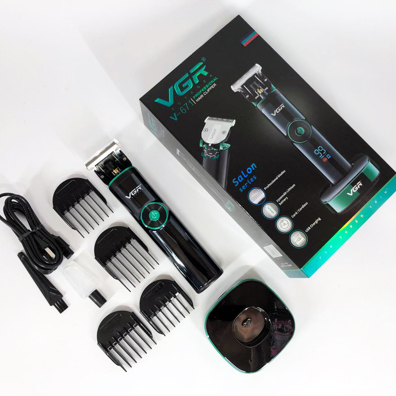 Универсальная машинка триммер для стрижки волос VGR V-671 аккумуляторный с набором насадок и LED дисплеем