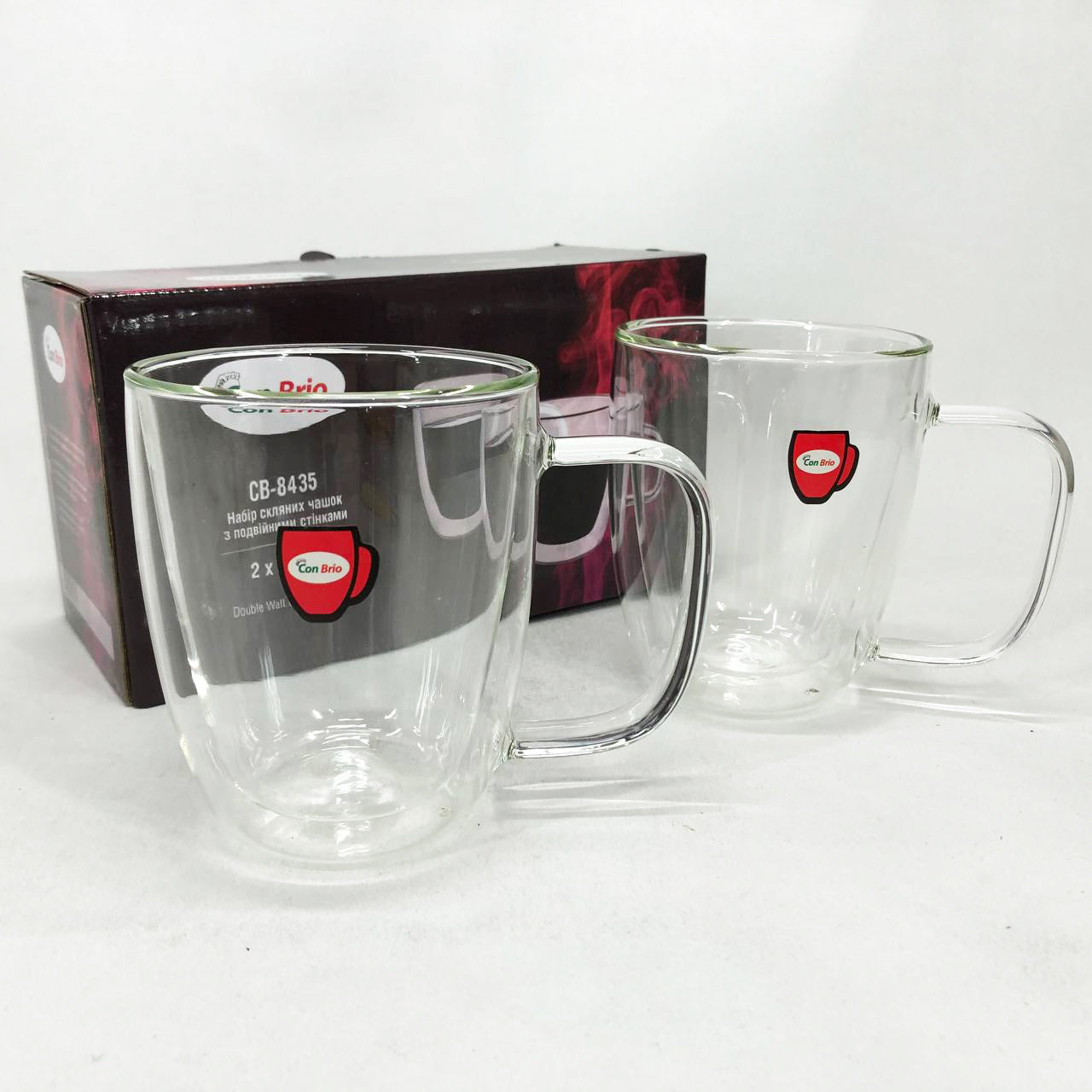 Набір скляних чашок із подвійними стінками з вушками Con Brio СВ-8435-2, 2шт, 350мл, з подвійним дном