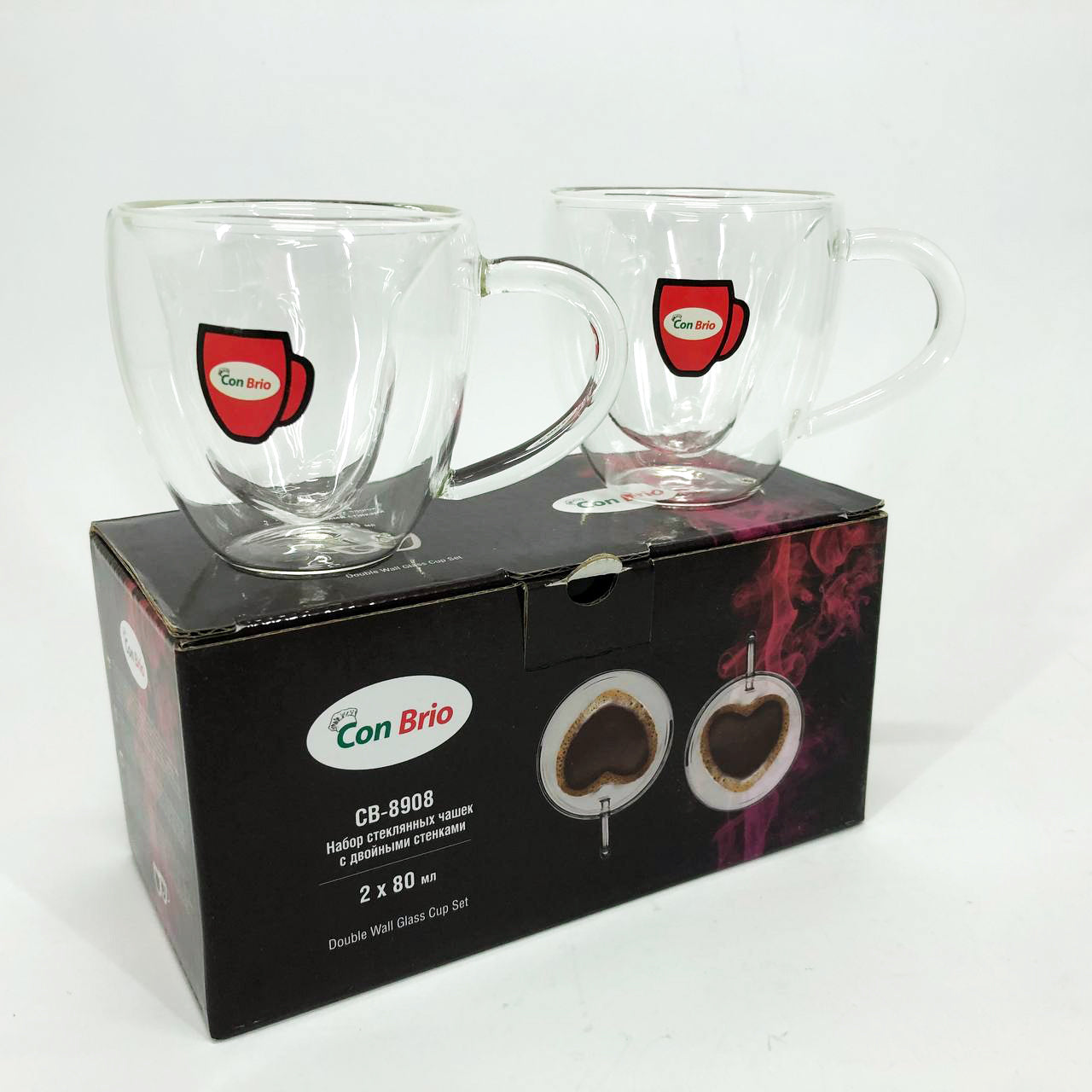 Набір скляних чашок із подвійними стінками (серце) Con Brio СВ-8908-2, 2шт, 80мл