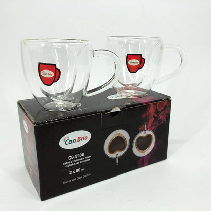Набір скляних чашок із подвійними стінками (серце) Con Brio СВ-8908-2, 2шт, 80мл