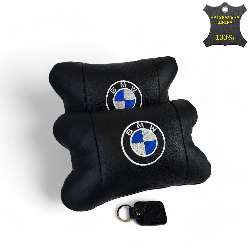 Авто подушки 2 шт — набор BMW из натуральной кожи, на подголовник в машину, Автомобильная подушка БМВ