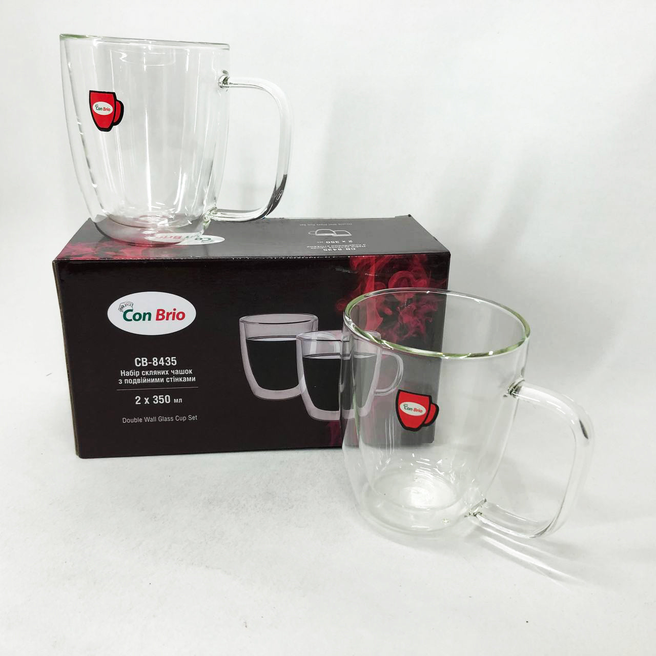 Набір скляних чашок із подвійними стінками з вушками Con Brio СВ-8435-2, 2шт, 350мл, з подвійним дном