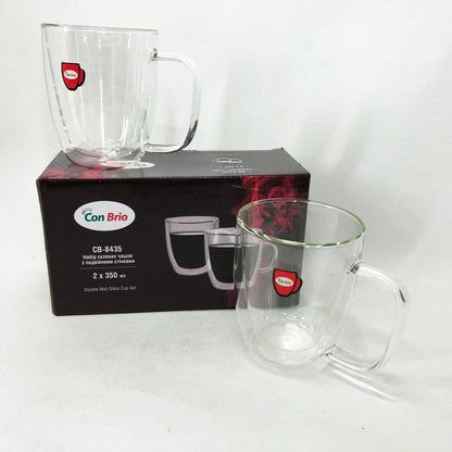 Набір скляних чашок із подвійними стінками з вушками Con Brio СВ-8435-2, 2шт, 350мл, з подвійним дном