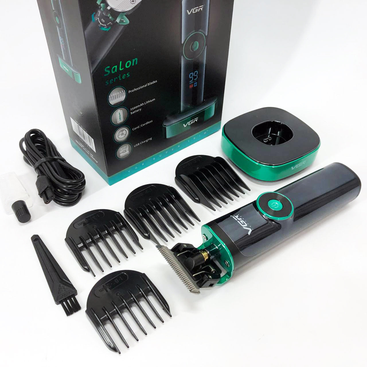 Универсальная машинка триммер для стрижки волос VGR V-671 аккумуляторный с набором насадок и LED дисплеем