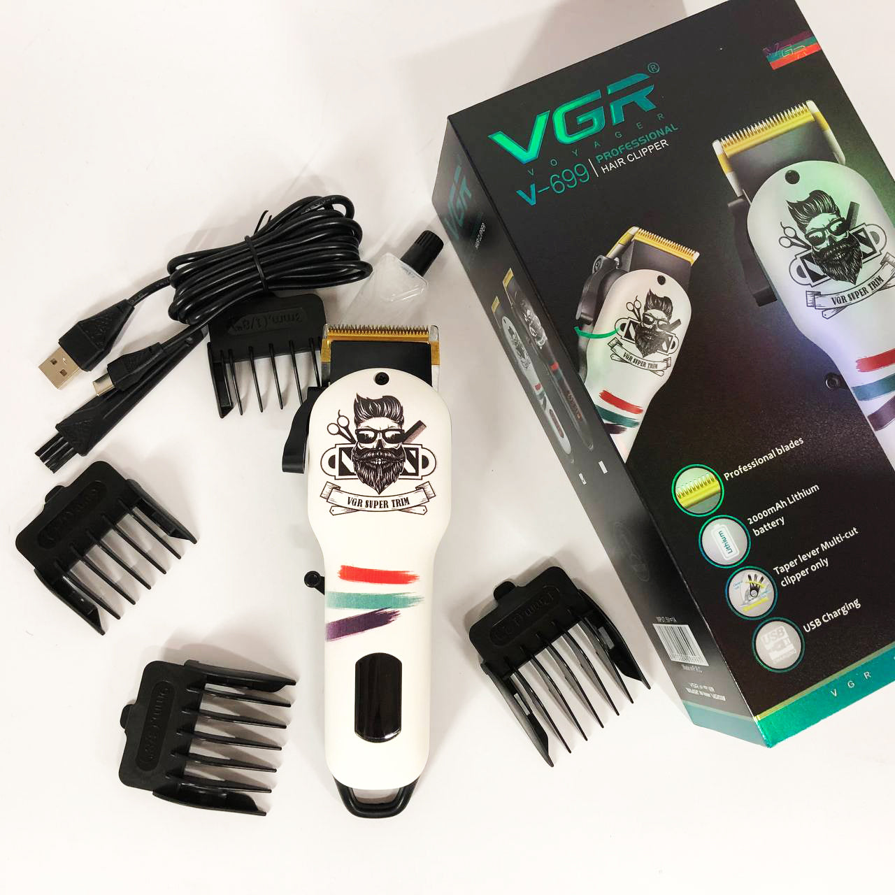 Машинка для стрижки волос и бороды профессиональная VGR V-699 B с насадками и LED дисплеем. Цвет: белый