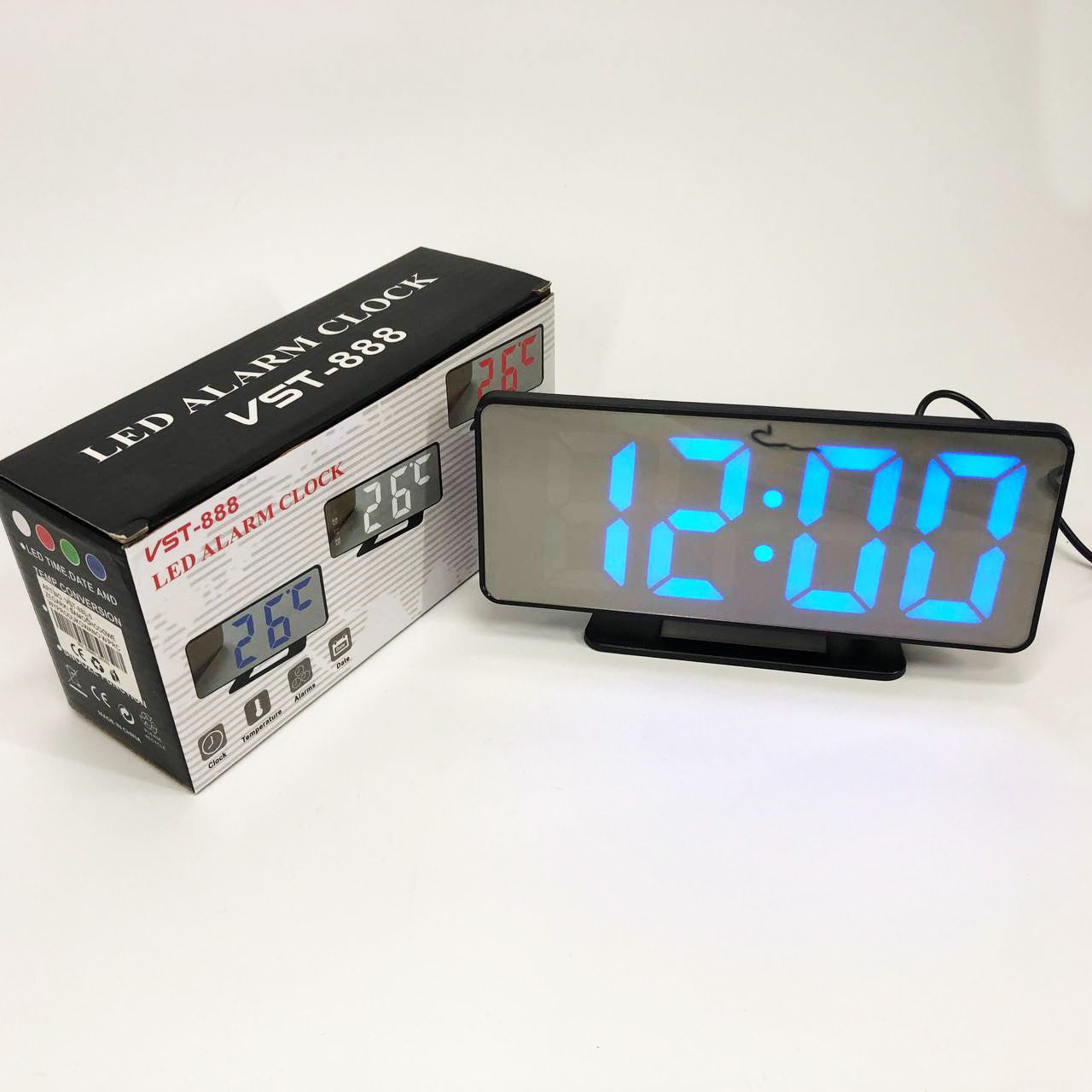 Часы настольные зеркальные VST-888Y-5 USB с синим циферблатом, Настольные часы с подсветкой