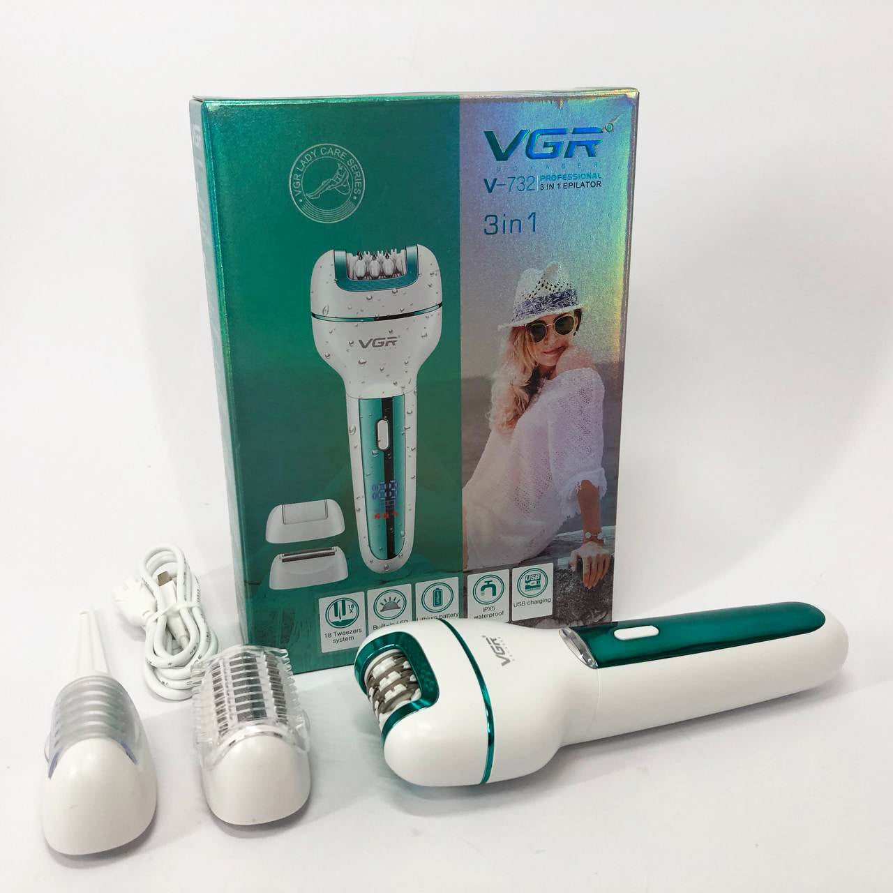 Женский беспроводной эпилятор 3в1 VGR V-732 для ног и зоны бикини с подсветкой и дисплеем. Цвет: зеленый