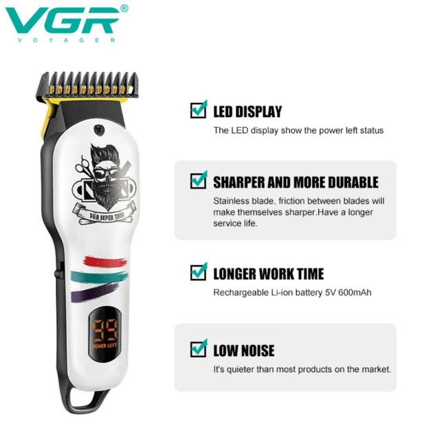 Машинка для стрижки волос и бороды профессиональная VGR V-699 B с насадками и LED дисплеем. Цвет: белый