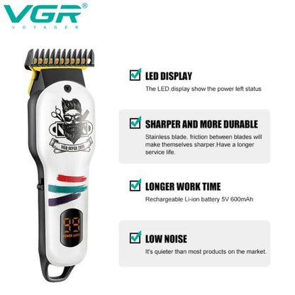 Машинка для стрижки волос и бороды профессиональная VGR V-699 B с насадками и LED дисплеем. Цвет: белый