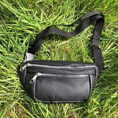 Бананка из натуральной кожи, сумка мужская-женская барсетка черная c серебряным замком