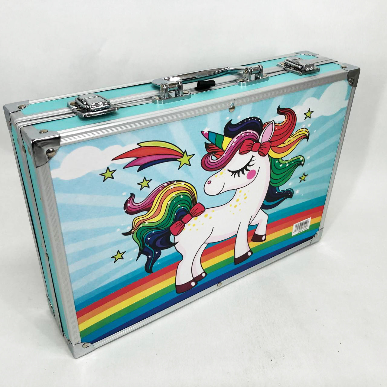 Набор для творчества в алюминиевом чемодане Единорог 145 предметов, чемодан для рисования детский кейс. Цвет: голубой