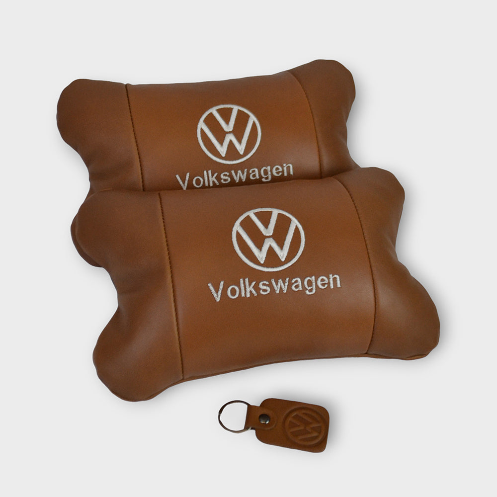 Набор подушек 2шт для автомобиля Volkswagen из натуральной коричневой кожи. Подушки на подголовник