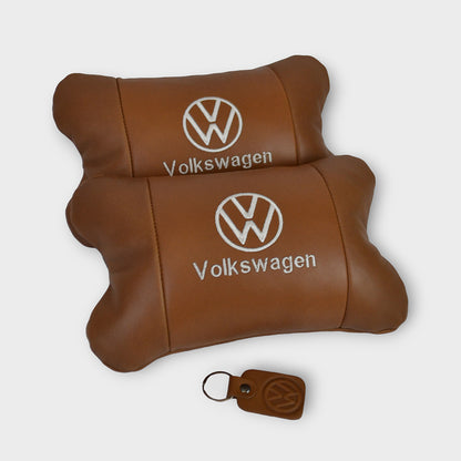 Набор подушек 2шт для автомобиля Volkswagen из натуральной коричневой кожи. Подушки на подголовник
