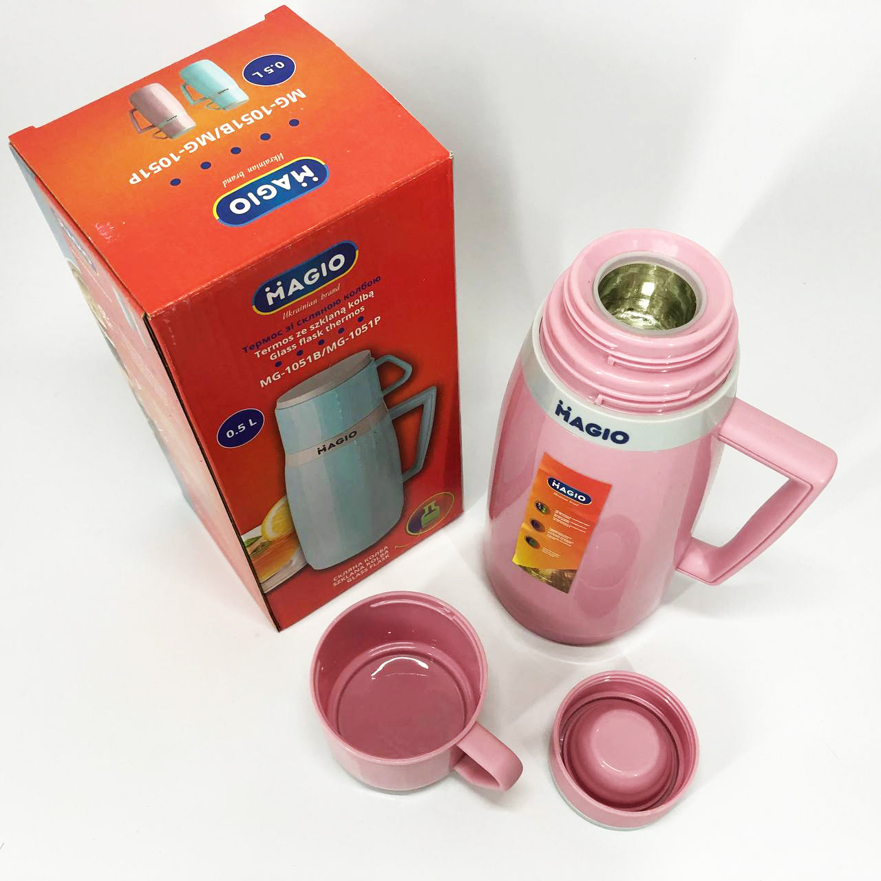 Термос Magio MG-1051P со стеклянной колбой, Термос для питьевой воды, термос для дома. Цвет: розовый
