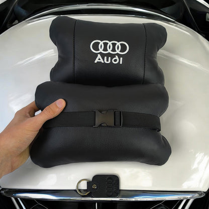 Набор автодушки 2шт на подголовник Audi / Ауди из натуральной кожи черная / Подголовник в машину