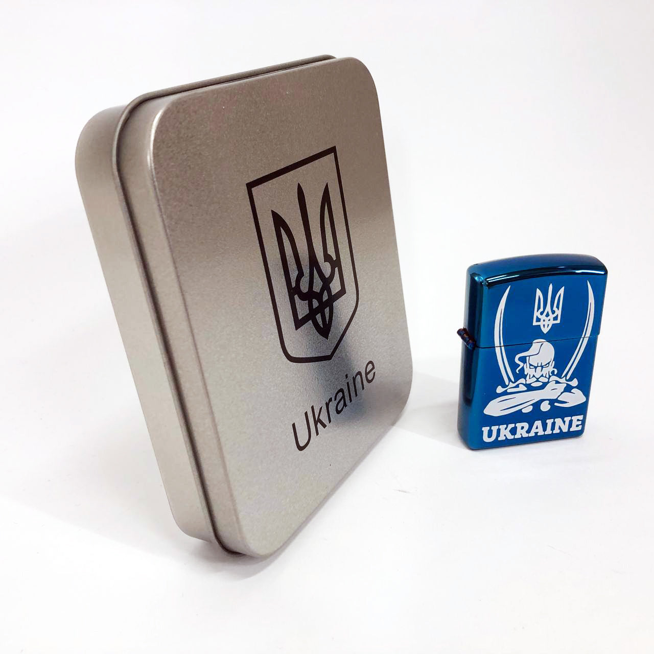 Дуговая электроимпульсная USB зажигалка Украина (металлическая коробка) HL-449. Цвет: синий