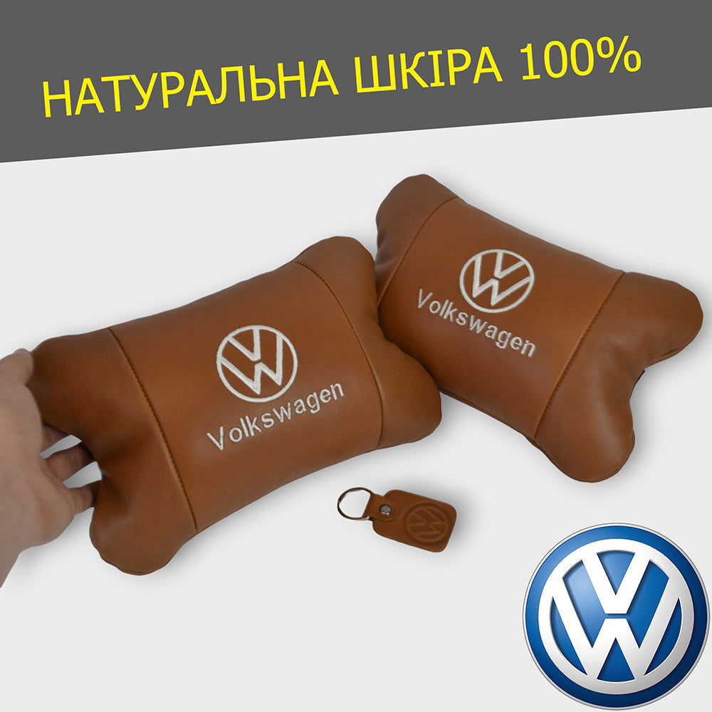 Набор подушек 2шт для автомобиля Volkswagen из натуральной коричневой кожи. Подушки на подголовник
