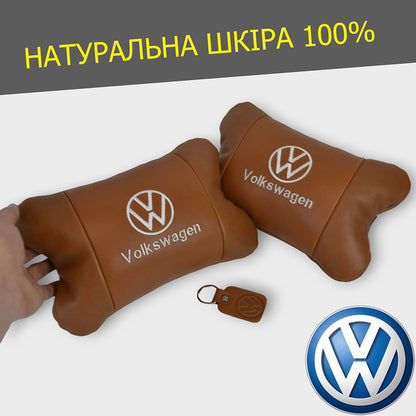 Набор подушек 2шт для автомобиля Volkswagen из натуральной коричневой кожи. Подушки на подголовник
