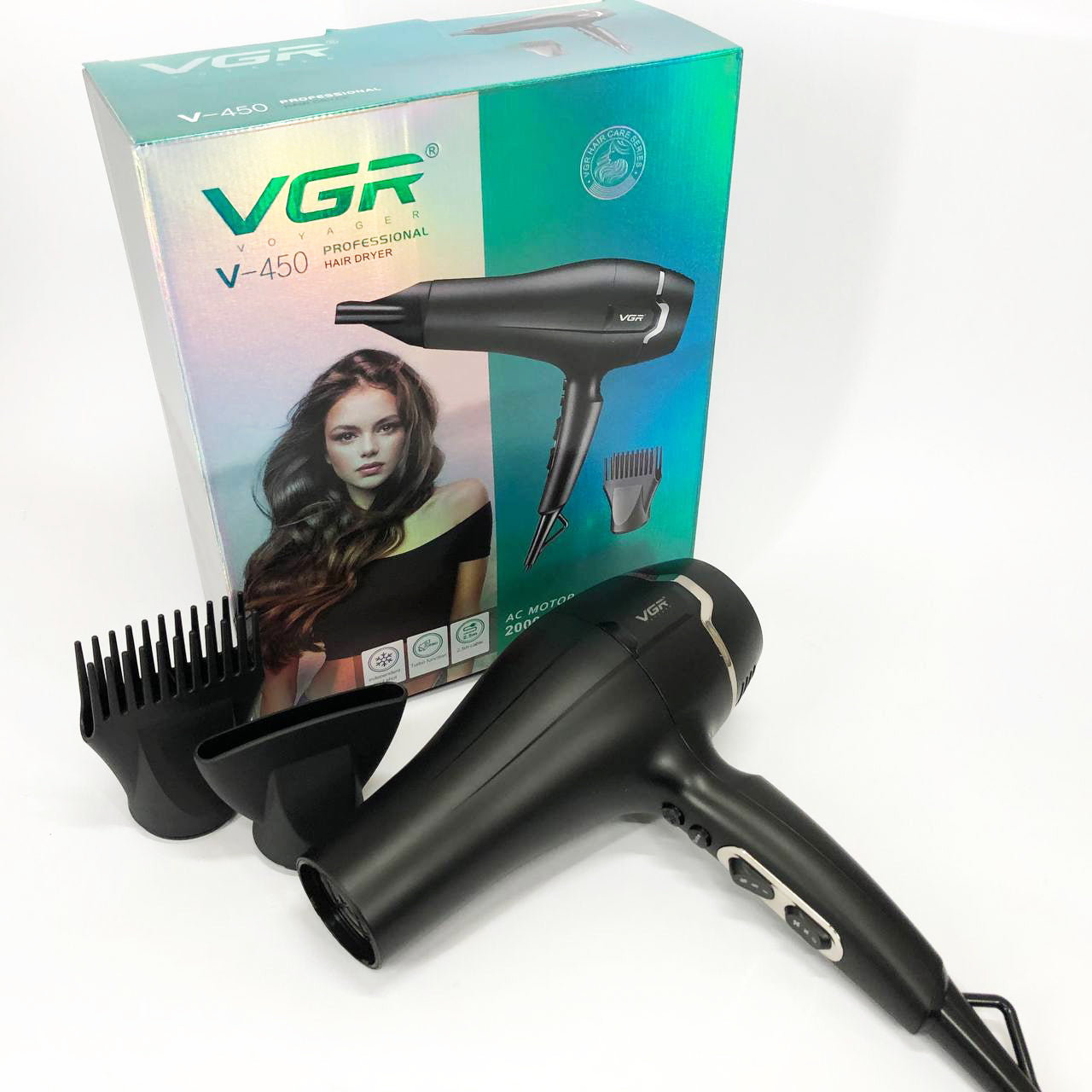 Професійний фен VGR V-450 для сушіння укладання волосся 2400 Вт режим Turbo, Повітряний стайлер для волосся