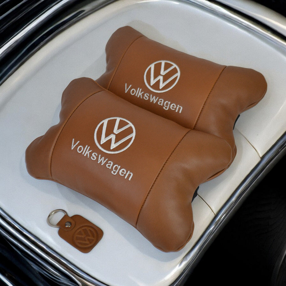 Набор подушек 2шт для автомобиля Volkswagen из натуральной коричневой кожи. Подушки на подголовник