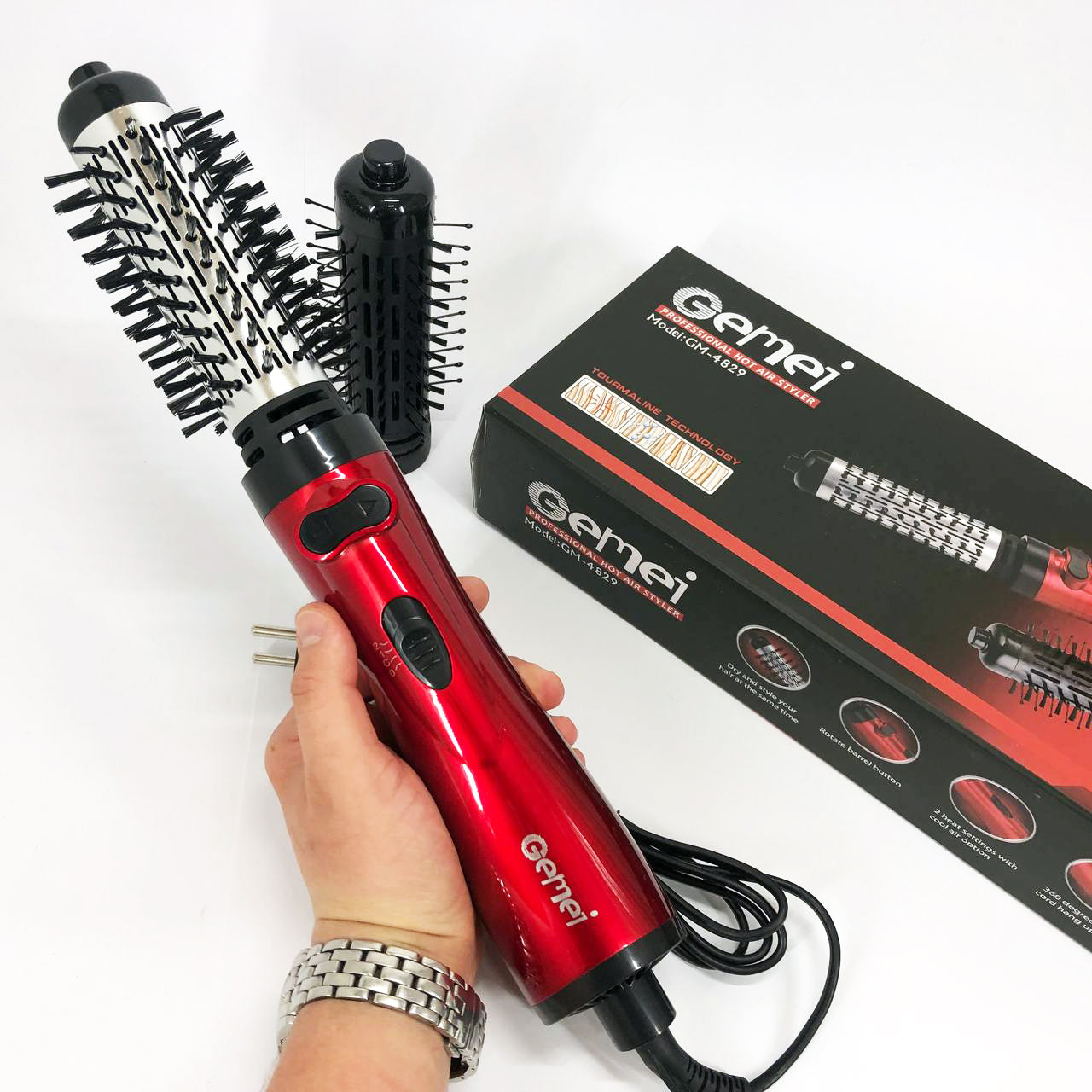 Фен щетка для сушки волос вращающейся Gemei GM-4829, Стайлер для укладки, браш воздушный, плойка расческа