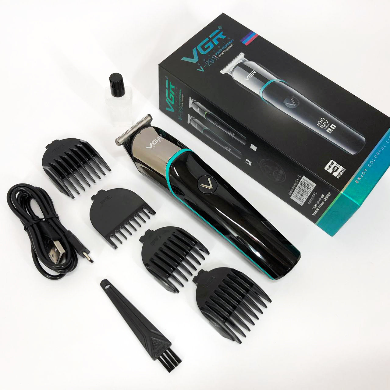 Профессиональная машинка для стрижки волос триммер VGR V-291 с насадками, электробритва. Цвет: зеленый