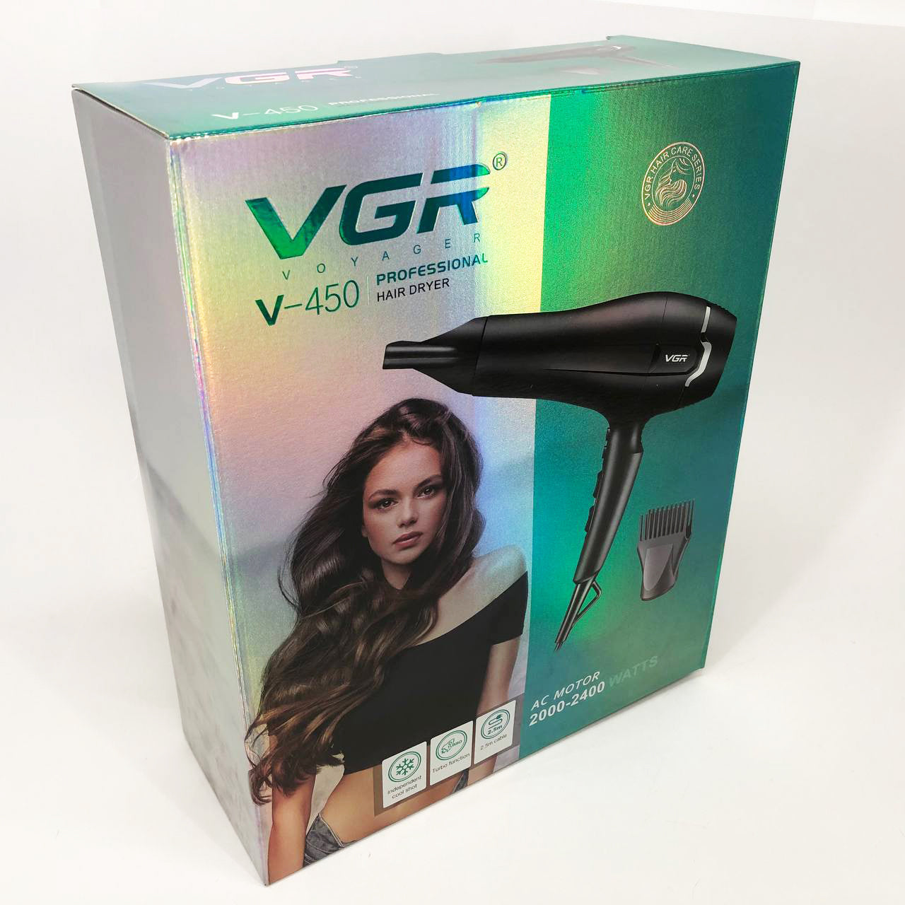 Професійний фен VGR V-450 для сушіння укладання волосся 2400 Вт режим Turbo, Повітряний стайлер для волосся