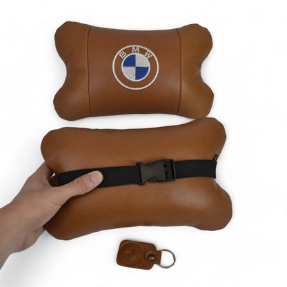 Комплект автоподушек 2шт из натуральной коричневой кожи для BMW. Ортопедическая подушка в авто БМВ