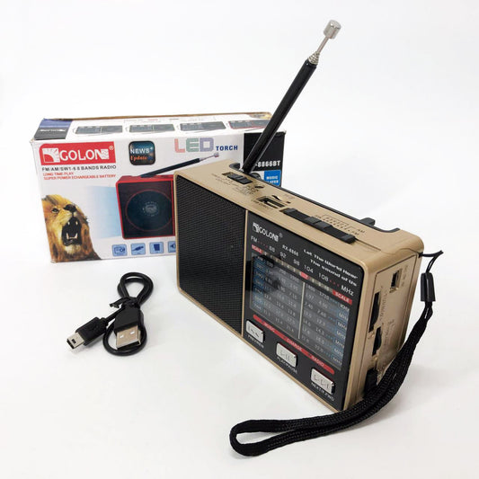 Радио GOLON RX-8866 цифровой портативный радиоприемник с фонариком функцией PowerBank. Цвет: золотой
