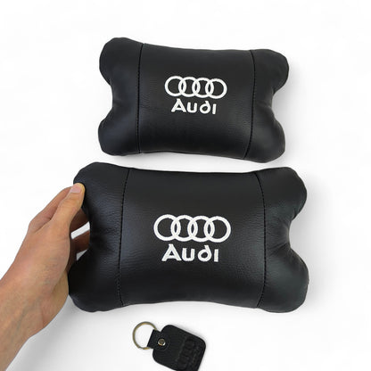 Набор автодушки 2шт на подголовник Audi / Ауди из натуральной кожи черная / Подголовник в машину
