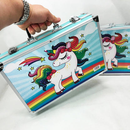 Набор для творчества в алюминиевом чемодане Единорог 145 предметов, чемодан для рисования детский кейс. Цвет: голубой