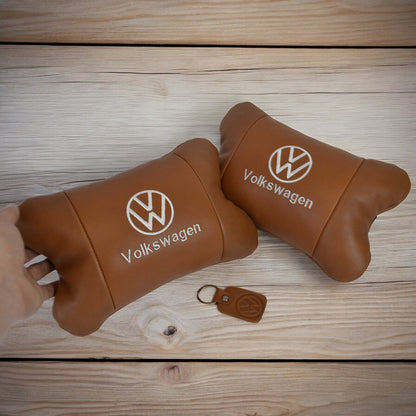 Набор подушек 2шт для автомобиля Volkswagen из натуральной коричневой кожи. Подушки на подголовник