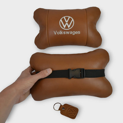 Набор подушек 2шт для автомобиля Volkswagen из натуральной коричневой кожи. Подушки на подголовник