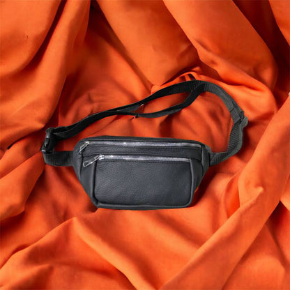 Бананка из натуральной кожи, сумка мужская-женская барсетка черная c серебряным замком