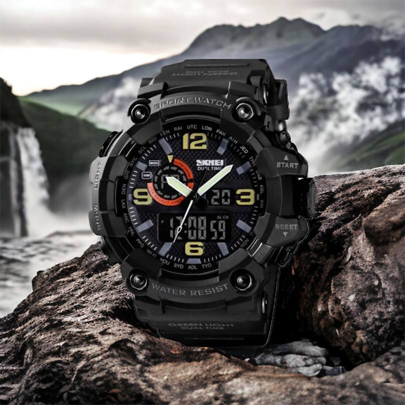 Часы наручные мужские SKMEI 1520BK BLACK, армейские часы противоударные. Цвет: черный