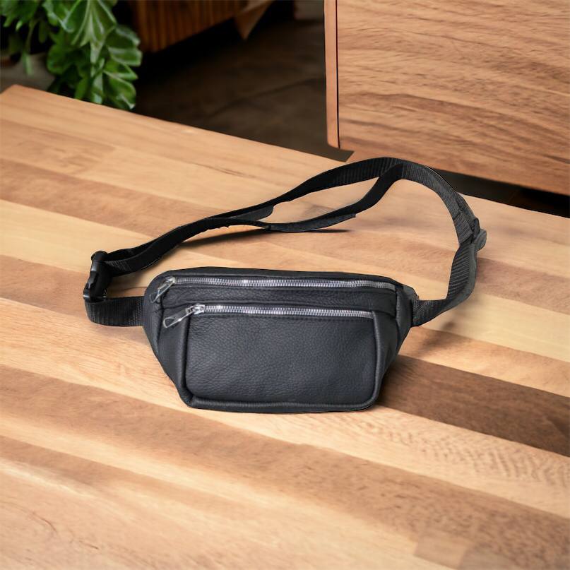 Бананка из натуральной кожи, сумка мужская-женская барсетка черная c серебряным замком